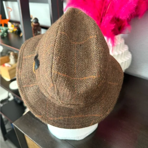 Vintage Irish Brown Tweed Plaid Hat with Feather